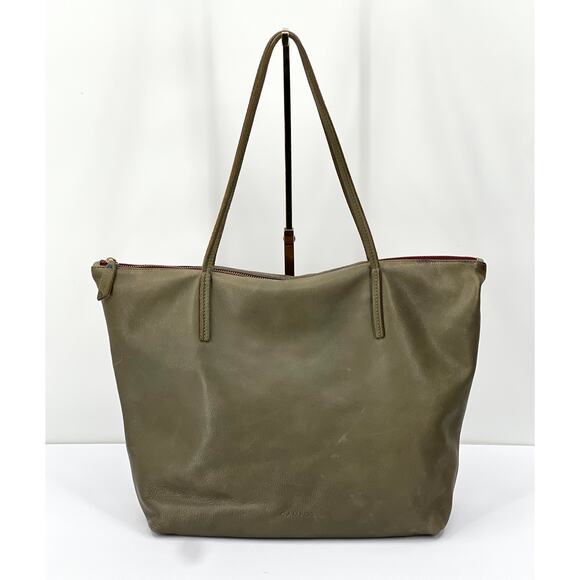 ANTHROPOLOGIE CAMPOS Leather Tote Women Olive Green large Double Handle Shoulder - Picture 1 of 16